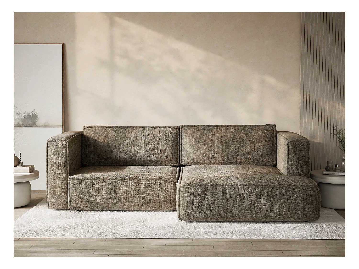 Canapé d'angle droit avec fonction lit en tissu chenille taupe VELTO