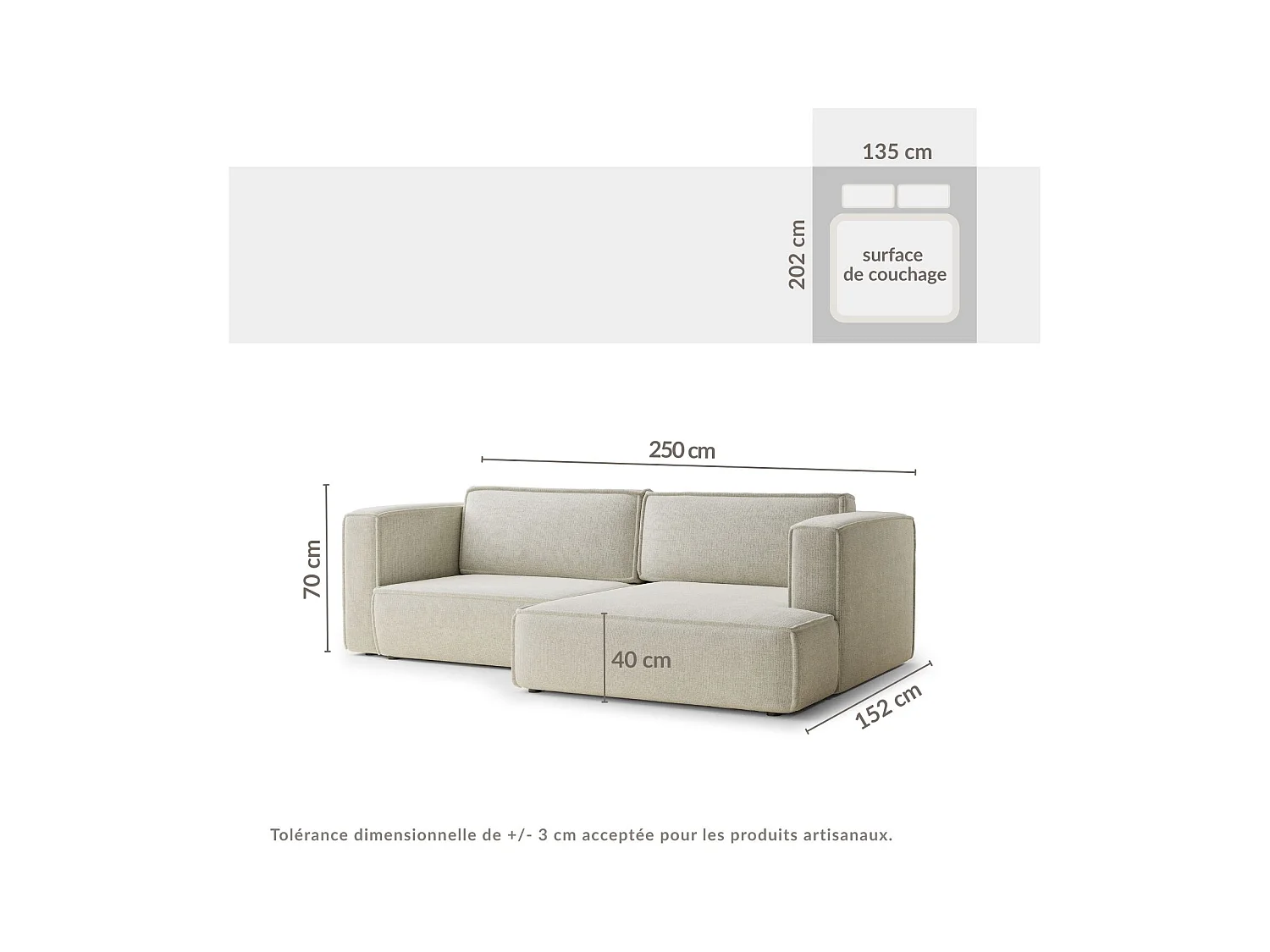 Canapé d'angle droit avec fonction lit en tissu chenille taupe VELTO