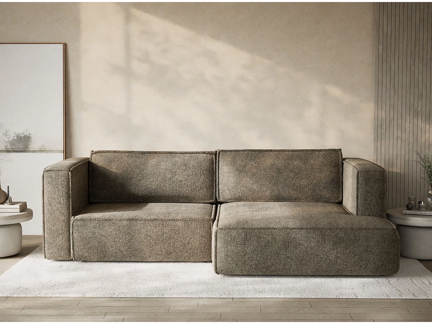 Canapé d'angle droit avec fonction lit en tissu chenille brun VELTO