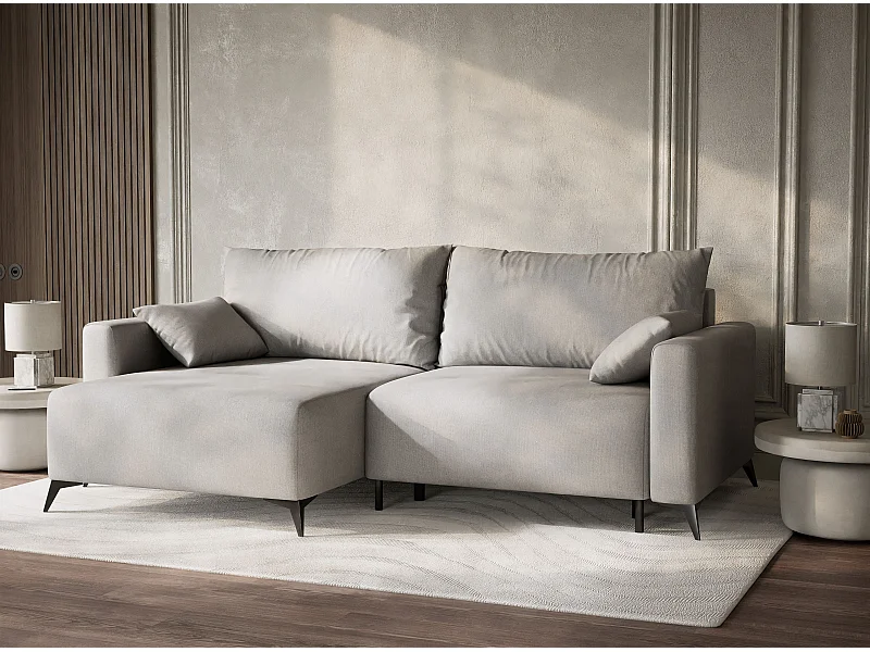 Canapé d'angle gauche avec fonction lit en tissu tressé beige gris LEON