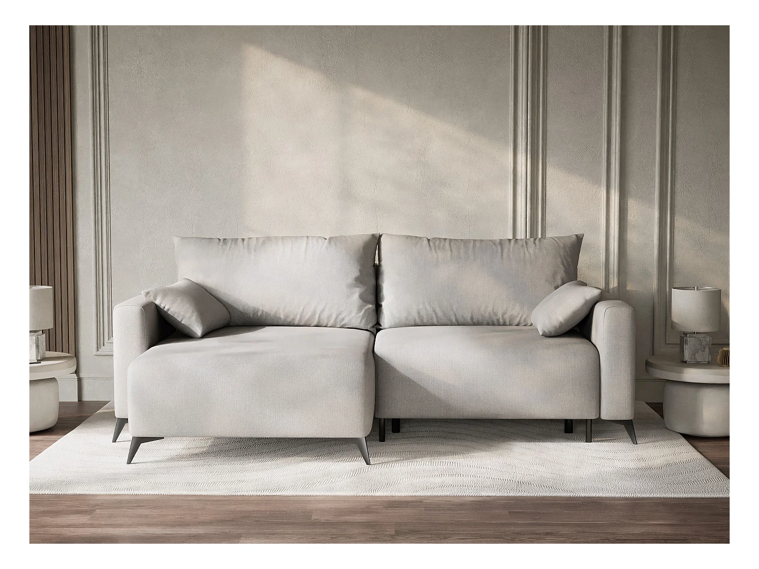 Canapé d'angle gauche avec fonction lit en tissu tressé beige gris LEON