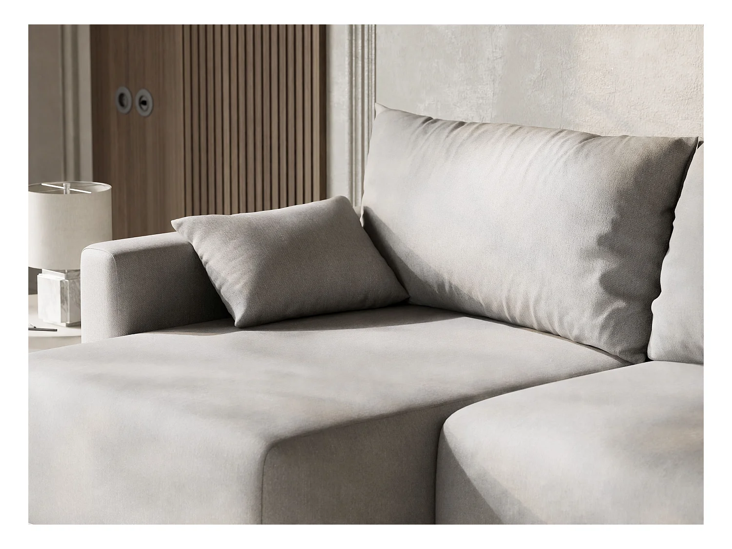 Canapé d'angle gauche avec fonction lit en tissu tressé beige gris LEON