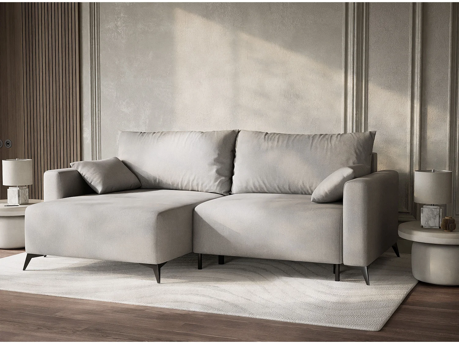 Canapé d'angle gauche avec fonction lit en tissu tressé beige gris LEON