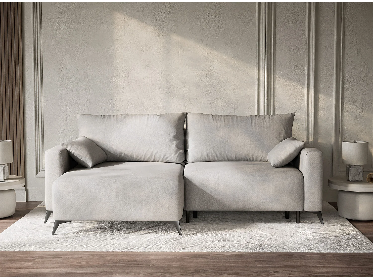 Canapé d'angle gauche avec fonction lit en tissu tressé beige gris LEON