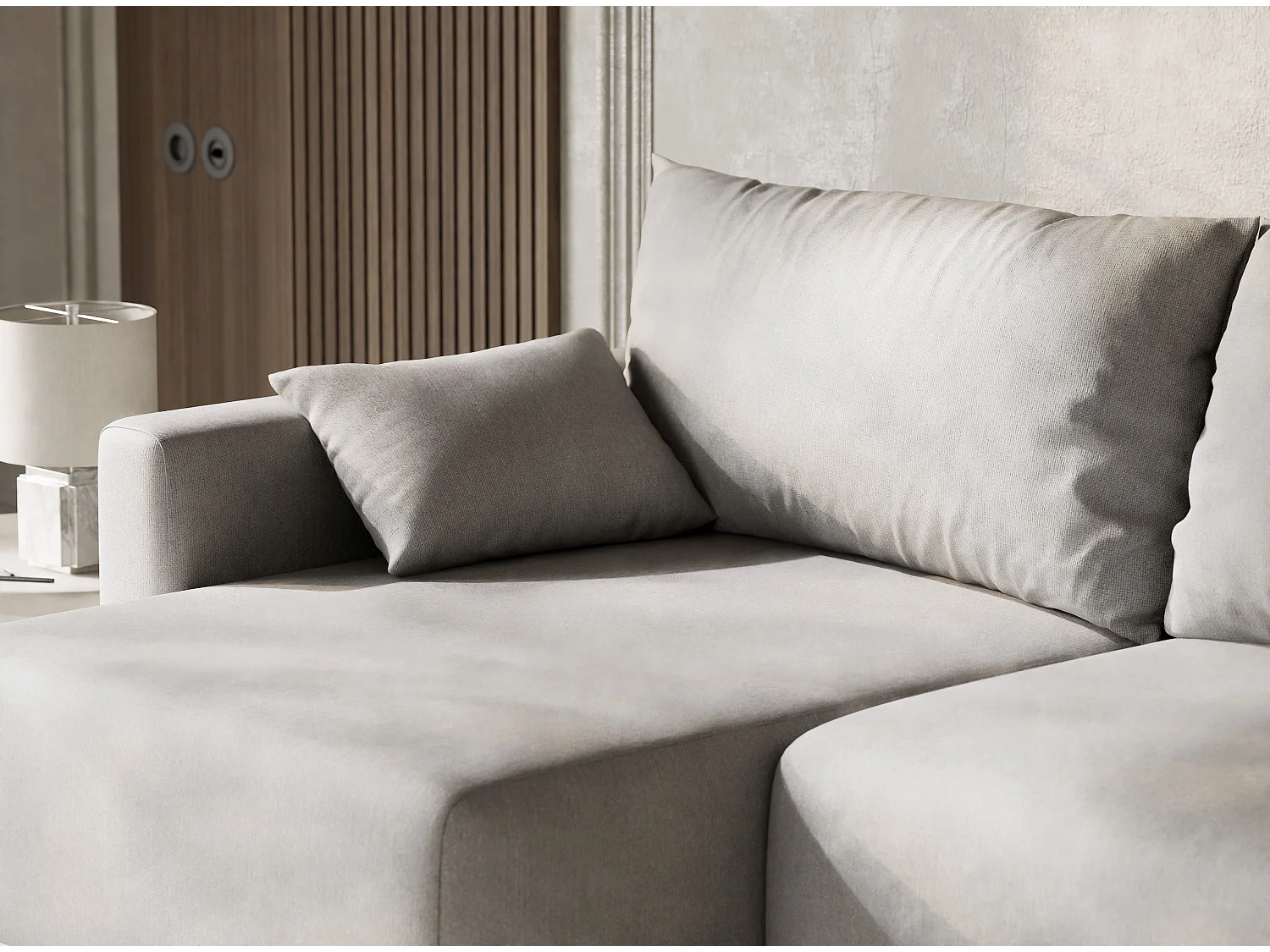 Canapé d'angle gauche avec fonction lit en tissu tressé beige gris LEON