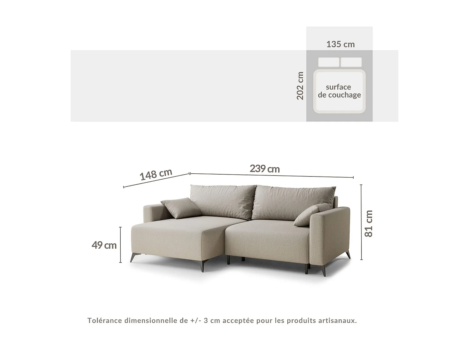 Canapé d'angle gauche avec fonction lit en tissu tressé beige gris LEON