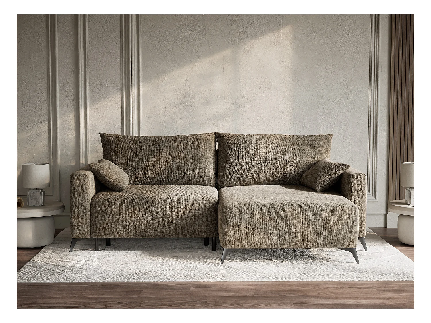 Canapé d'angle droit avec fonction lit en tissu chenille taupe LEON