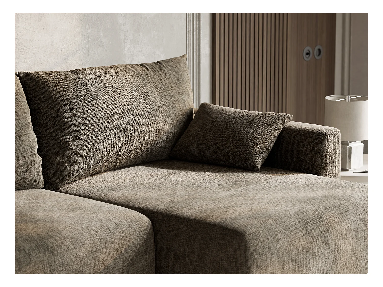 Canapé d'angle droit avec fonction lit en tissu chenille taupe LEON