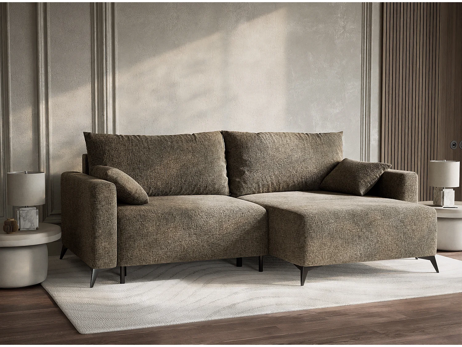 Canapé d'angle droit avec fonction lit en tissu chenille taupe LEON