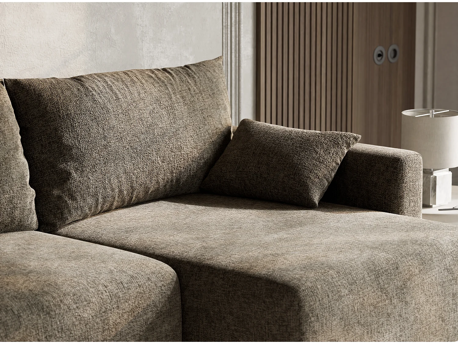 Canapé d'angle droit avec fonction lit en tissu chenille taupe LEON