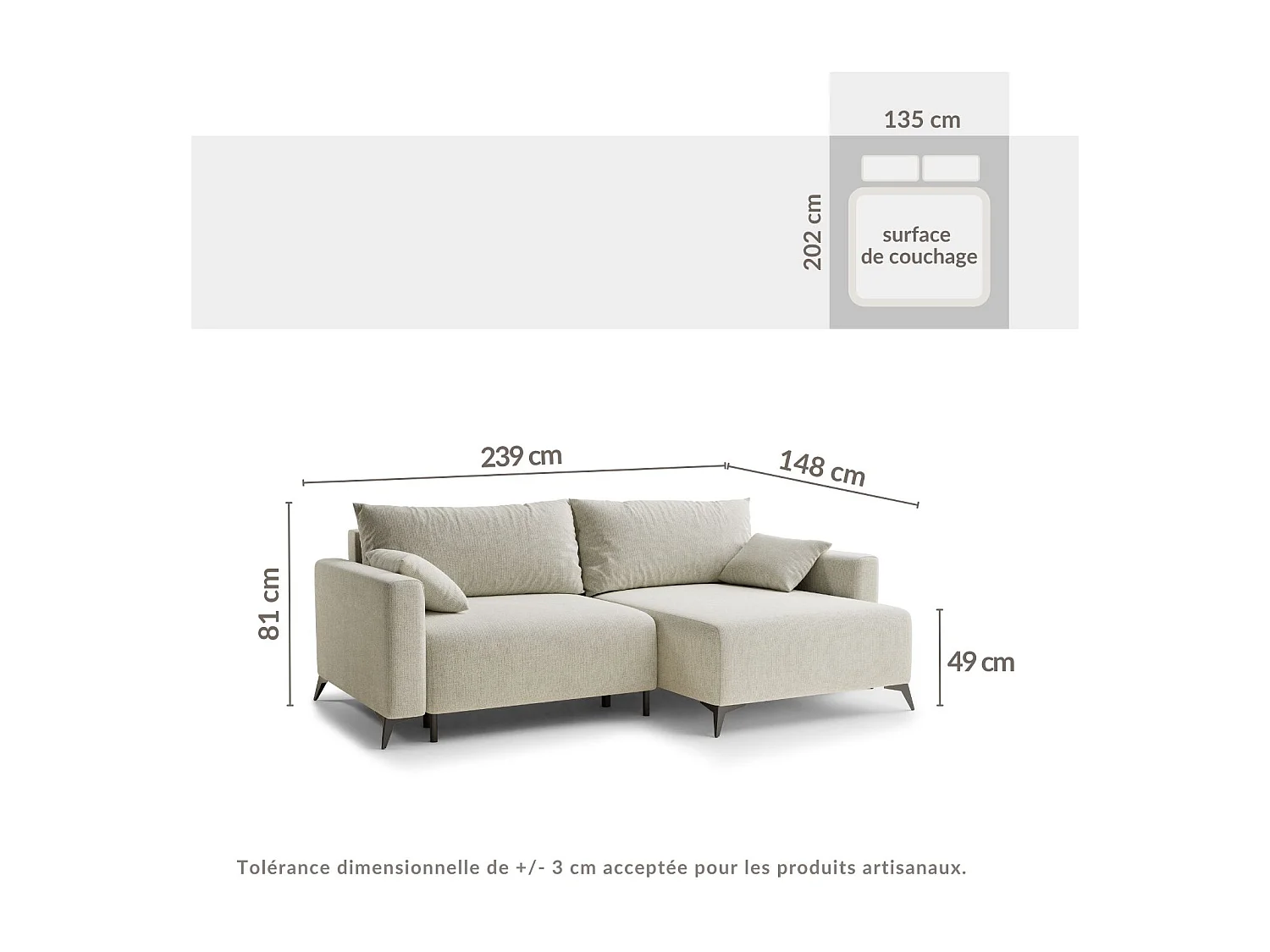 Canapé d'angle droit avec fonction lit en tissu chenille taupe LEON