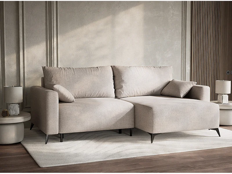 Canapé d'angle droit avec fonction lit en tissu tressé beige LEON