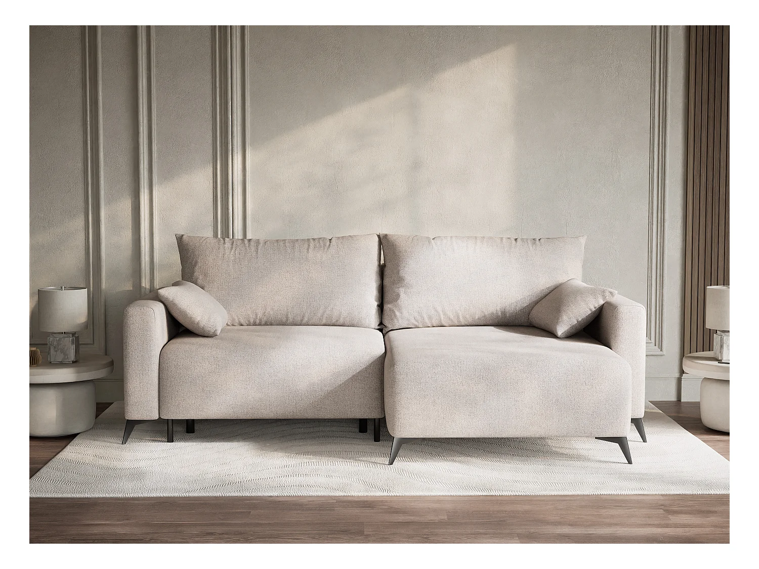 Canapé d'angle droit avec fonction lit en tissu tressé beige LEON