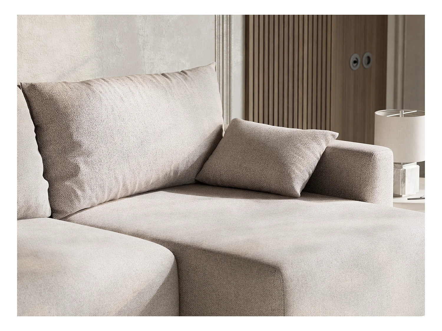 Canapé d'angle droit avec fonction lit en tissu tressé beige LEON