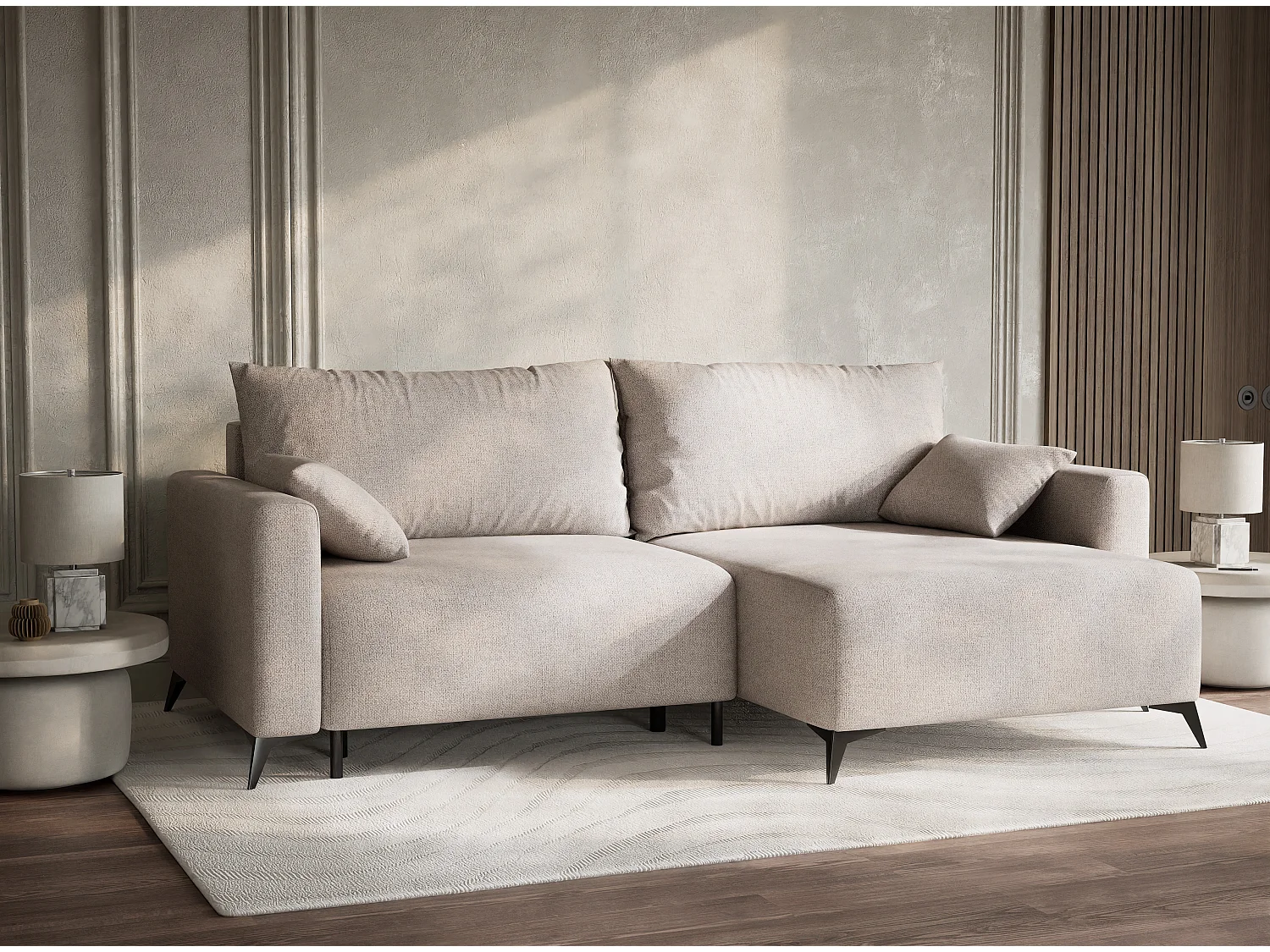 Canapé d'angle droit avec fonction lit en tissu tressé beige LEON