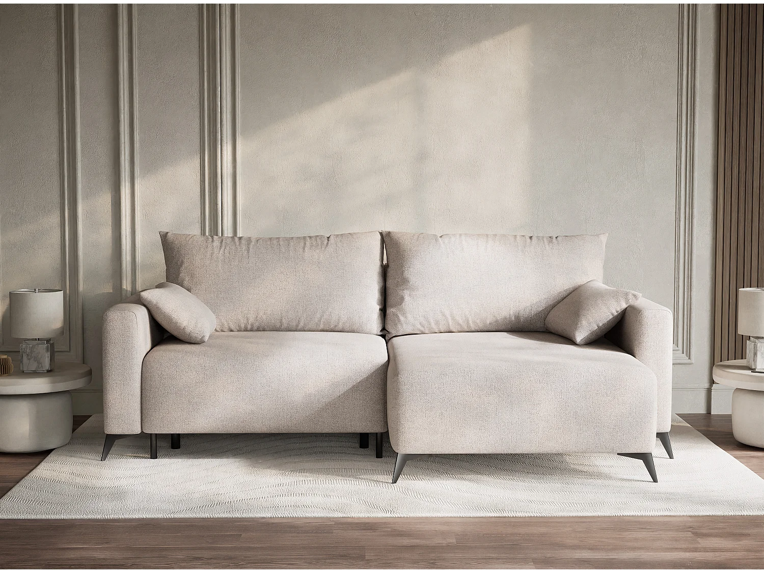 Canapé d'angle droit avec fonction lit en tissu tressé beige LEON