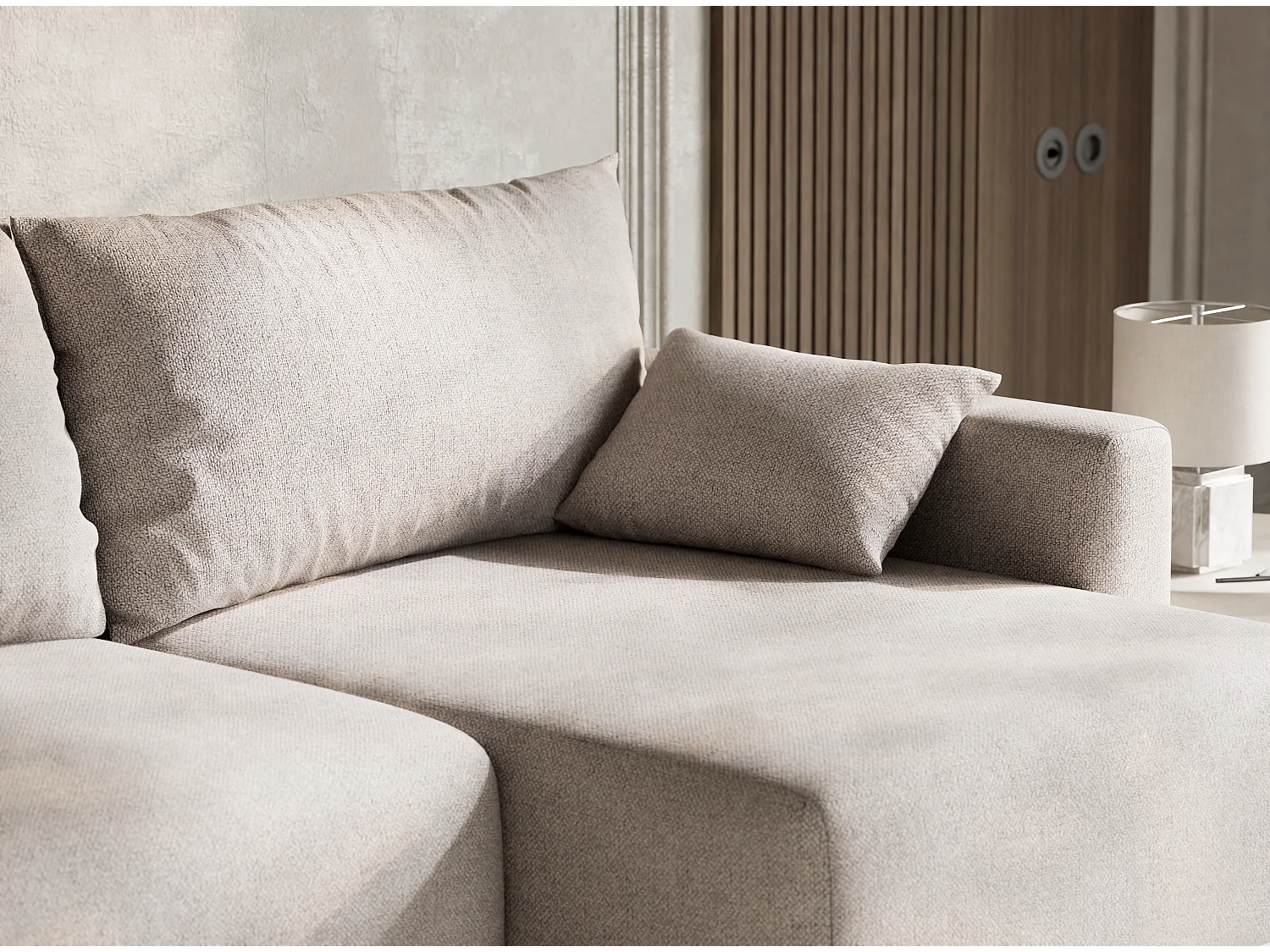 Canapé d'angle droit avec fonction lit en tissu tressé beige LEON