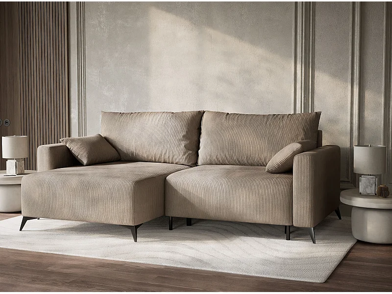 Canapé d'angle gauche avec fonction lit en velours beige foncé LEON