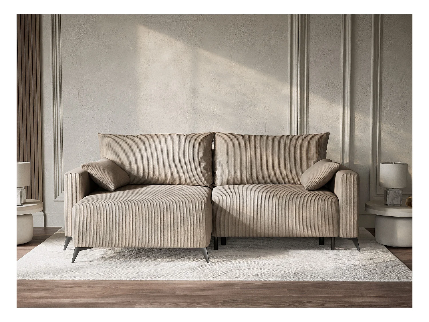 Canapé d'angle gauche avec fonction lit en velours beige foncé LEON