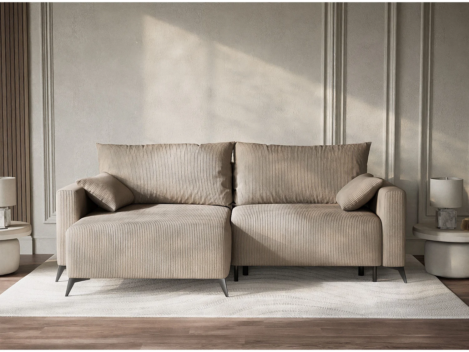 Canapé d'angle gauche avec fonction lit en velours beige foncé LEON