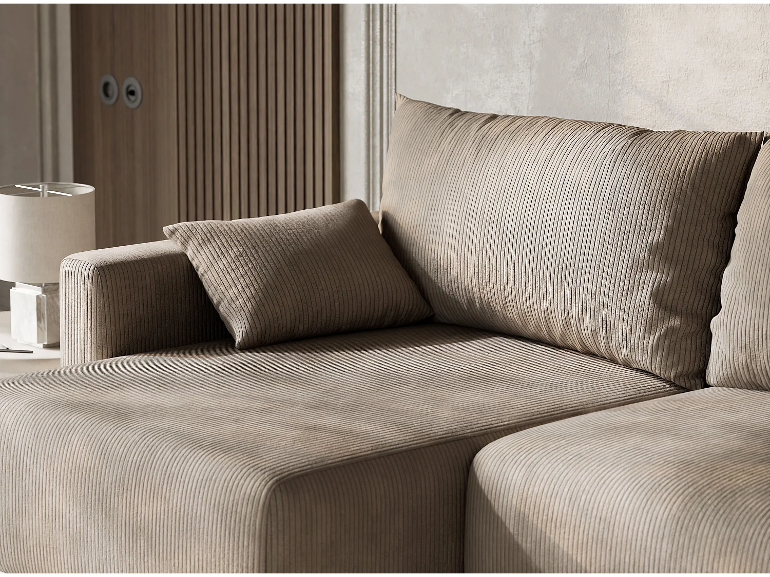 Canapé d'angle gauche avec fonction lit en velours beige foncé LEON