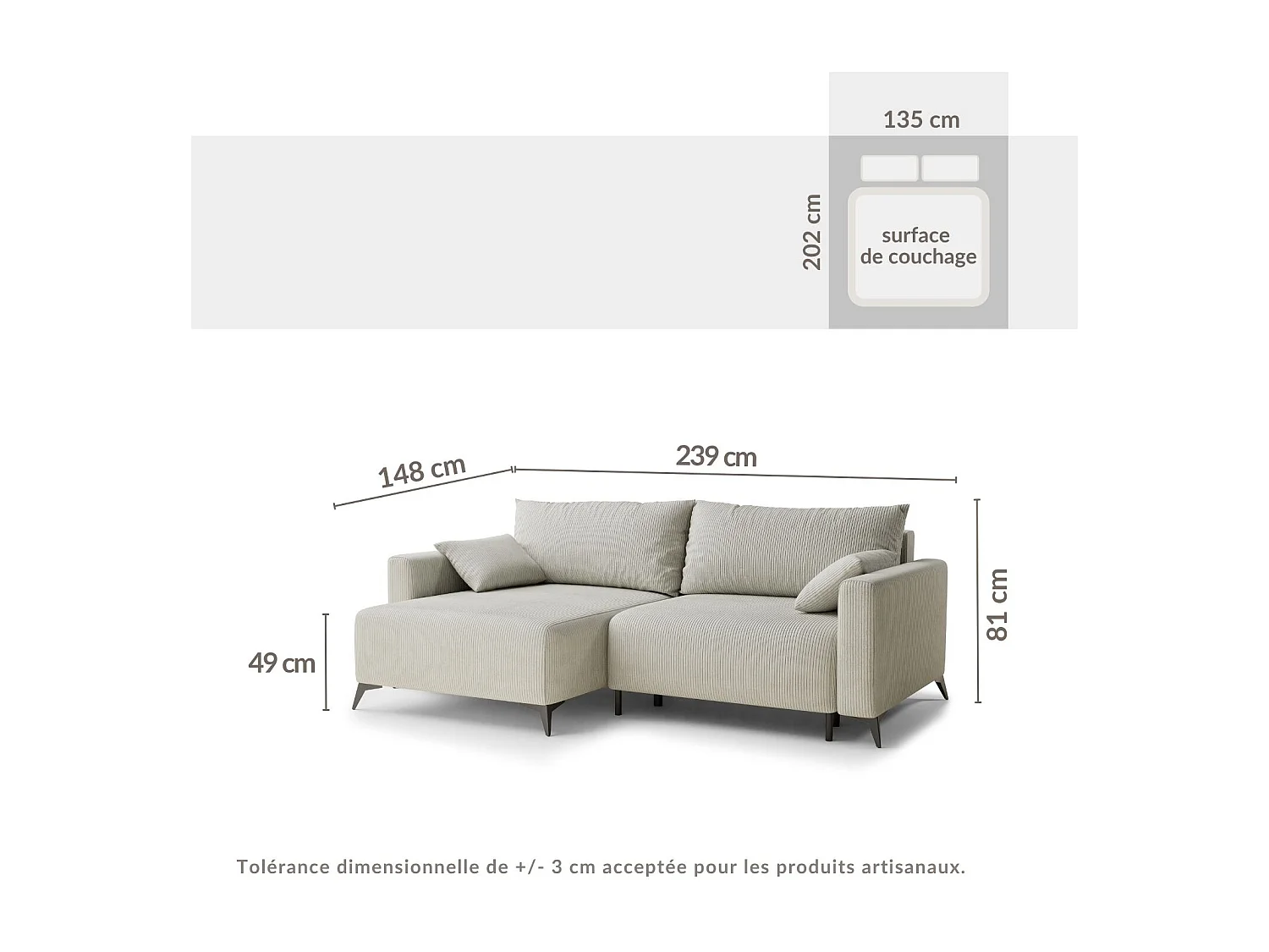 Canapé d'angle gauche avec fonction lit en velours beige foncé LEON