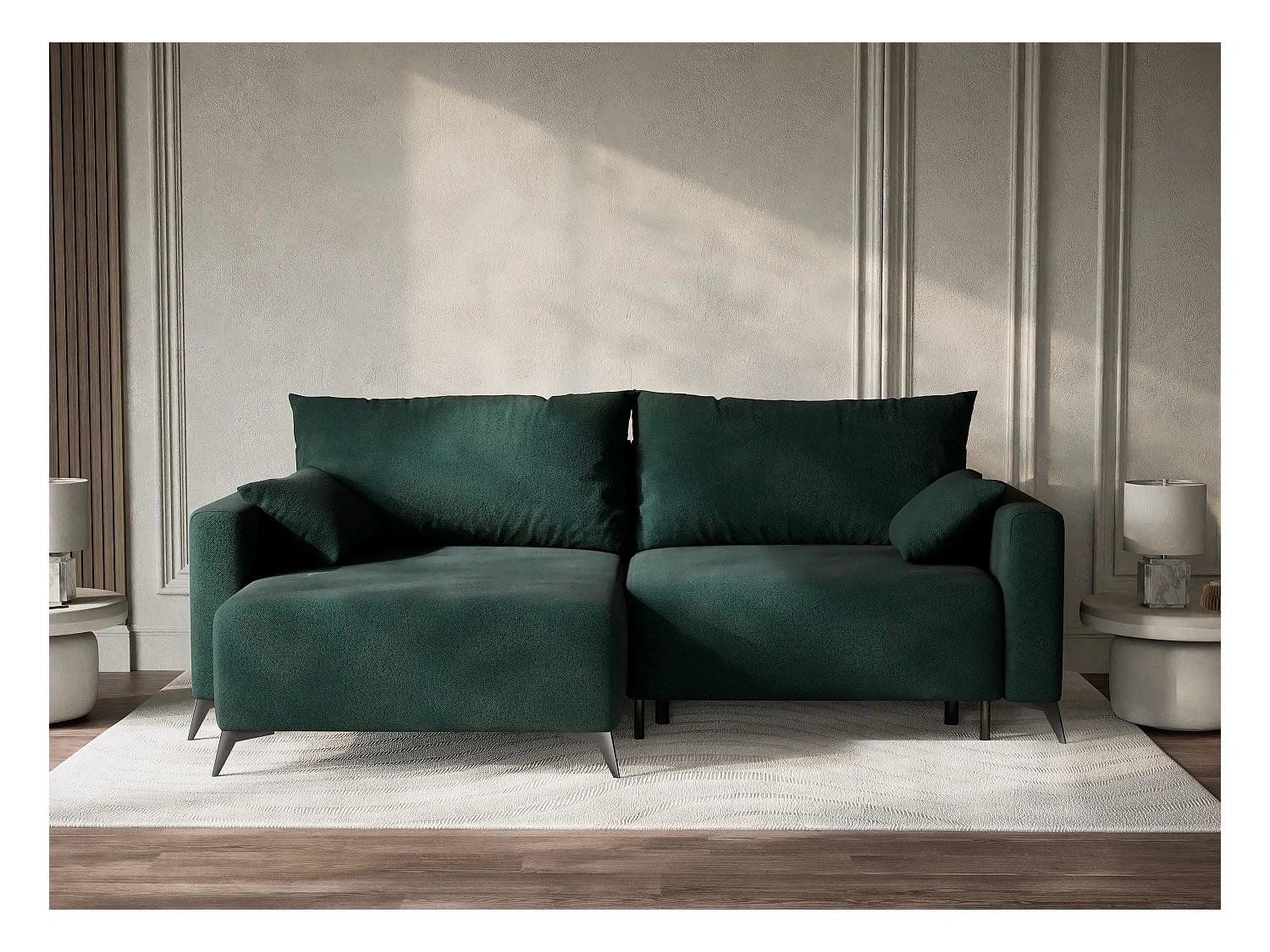 Canapé d'angle gauche avec fonction lit en tissu tressé vert foncé LEON