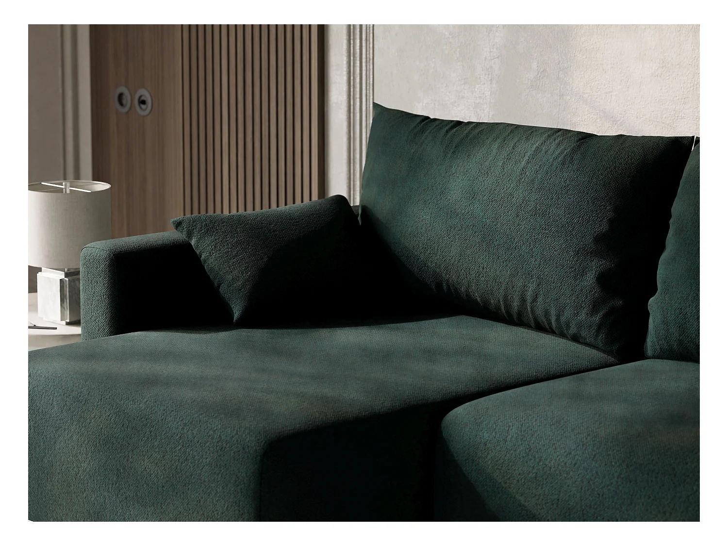 Canapé d'angle gauche avec fonction lit en tissu tressé vert foncé LEON