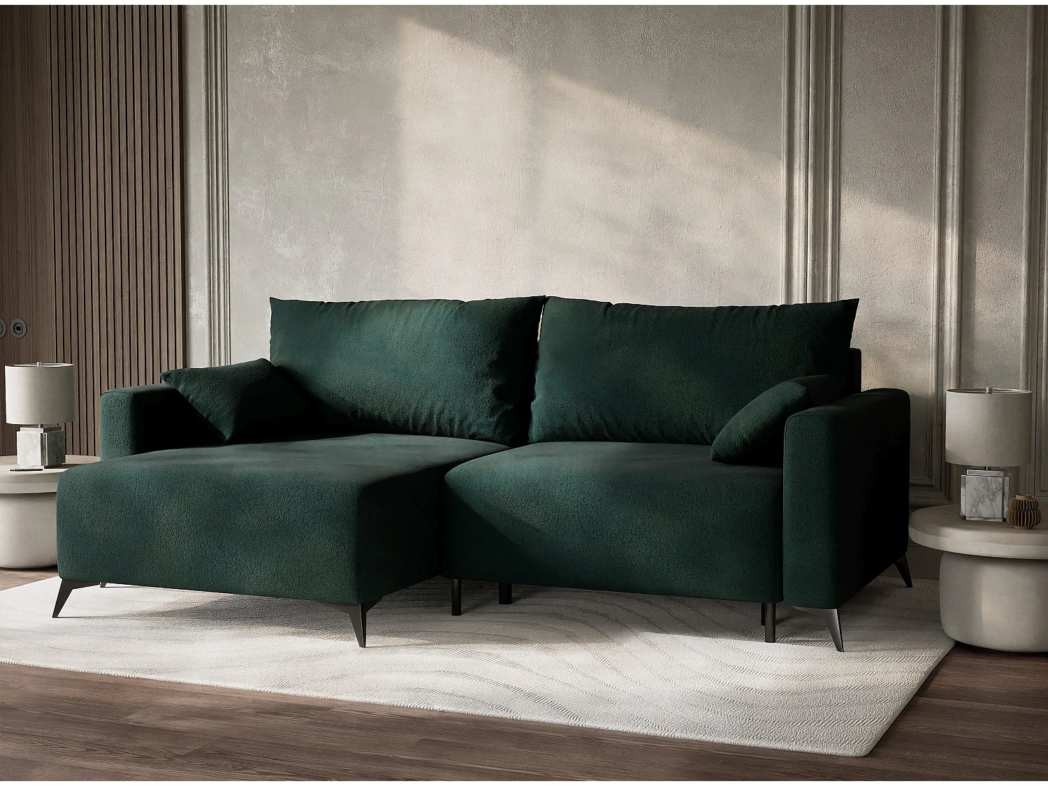 Canapé d'angle gauche avec fonction lit en tissu tressé vert foncé LEON