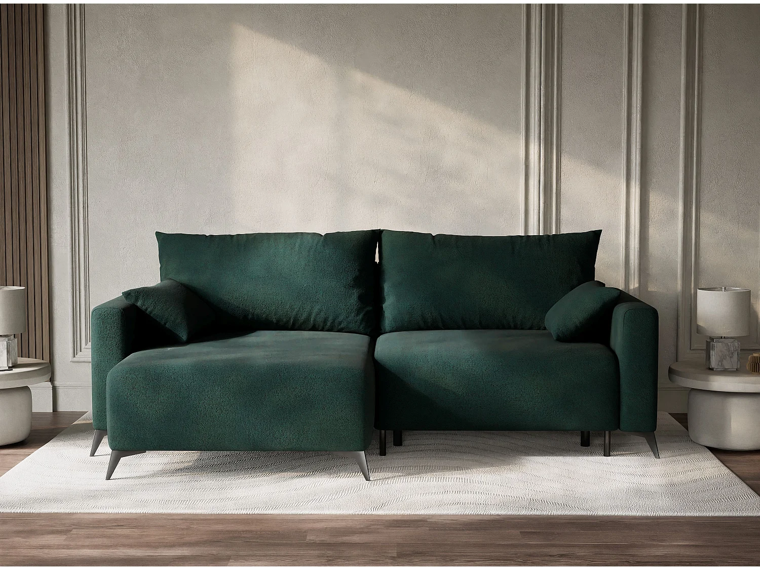 Canapé d'angle gauche avec fonction lit en tissu tressé vert foncé LEON