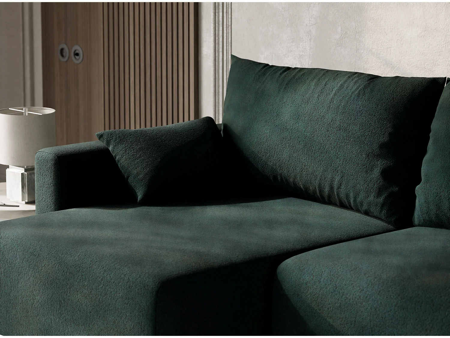 Canapé d'angle gauche avec fonction lit en tissu tressé vert foncé LEON