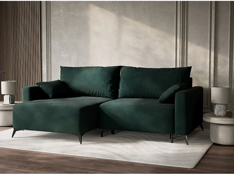 Canapé d'angle gauche avec fonction lit en tissu tressé vert foncé LEON