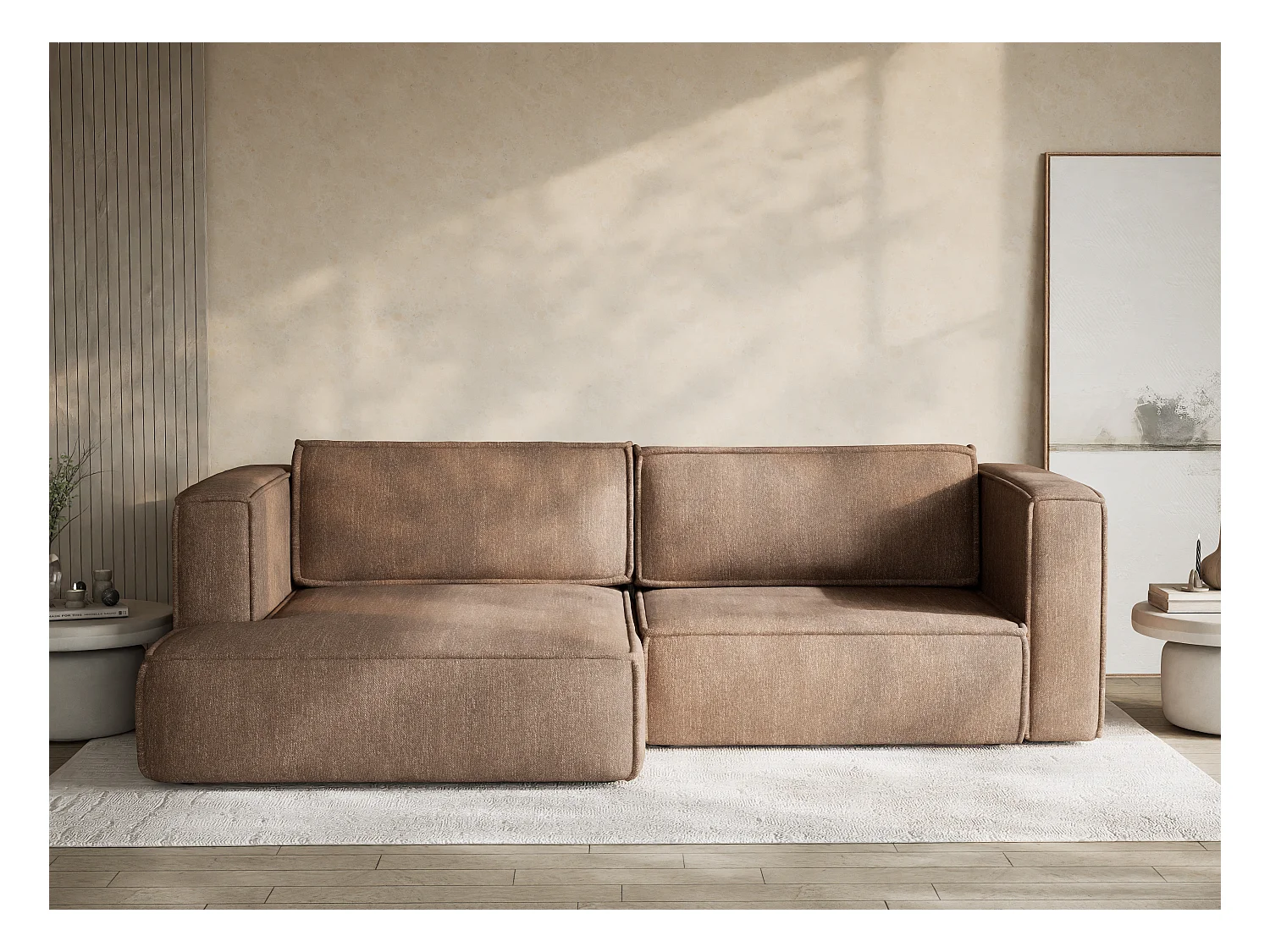 Canapé d'angle gauche avec fonction lit en tissu tressé brun VELTO