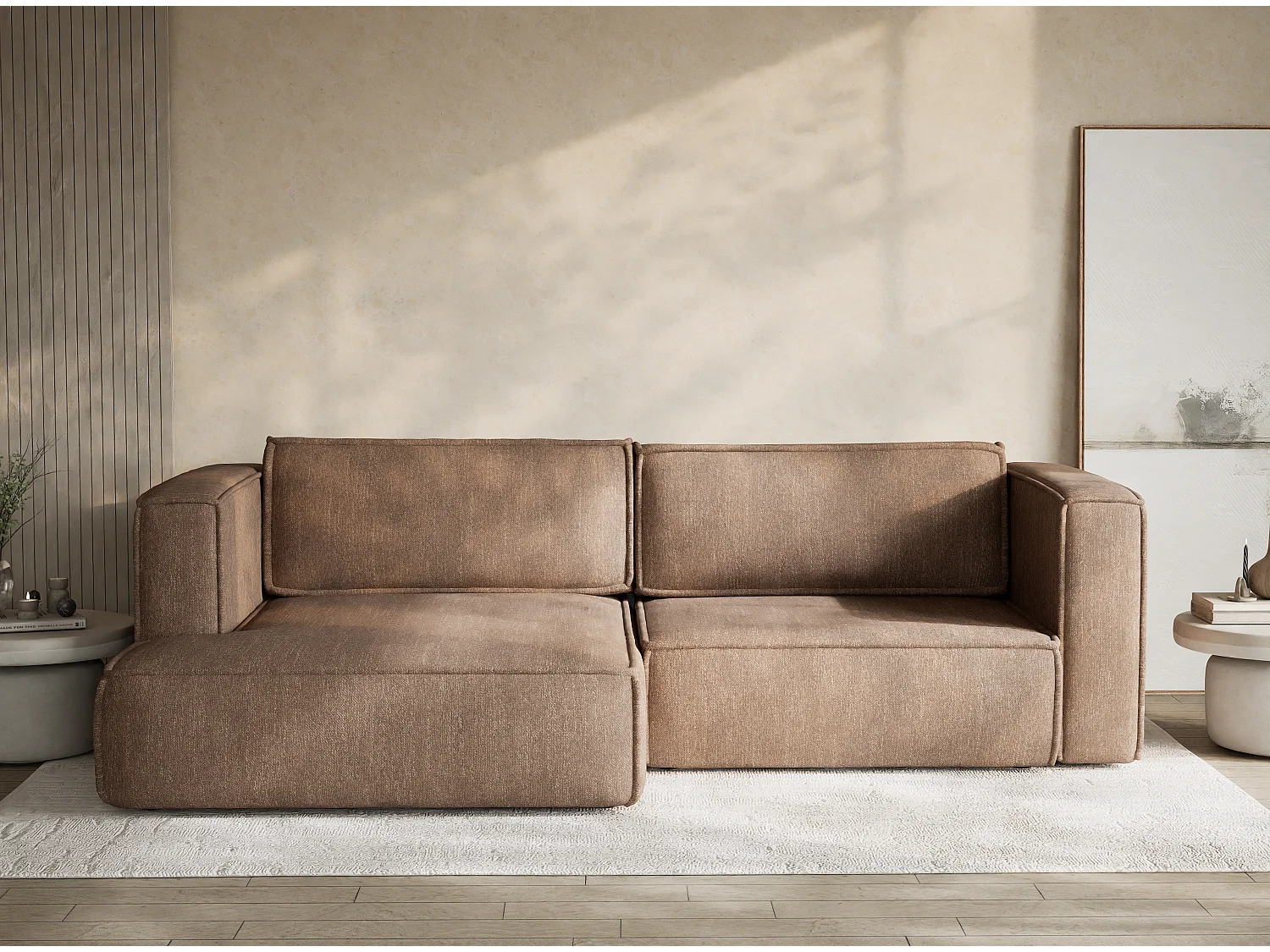 Canapé d'angle gauche avec fonction lit en tissu tressé brun VELTO