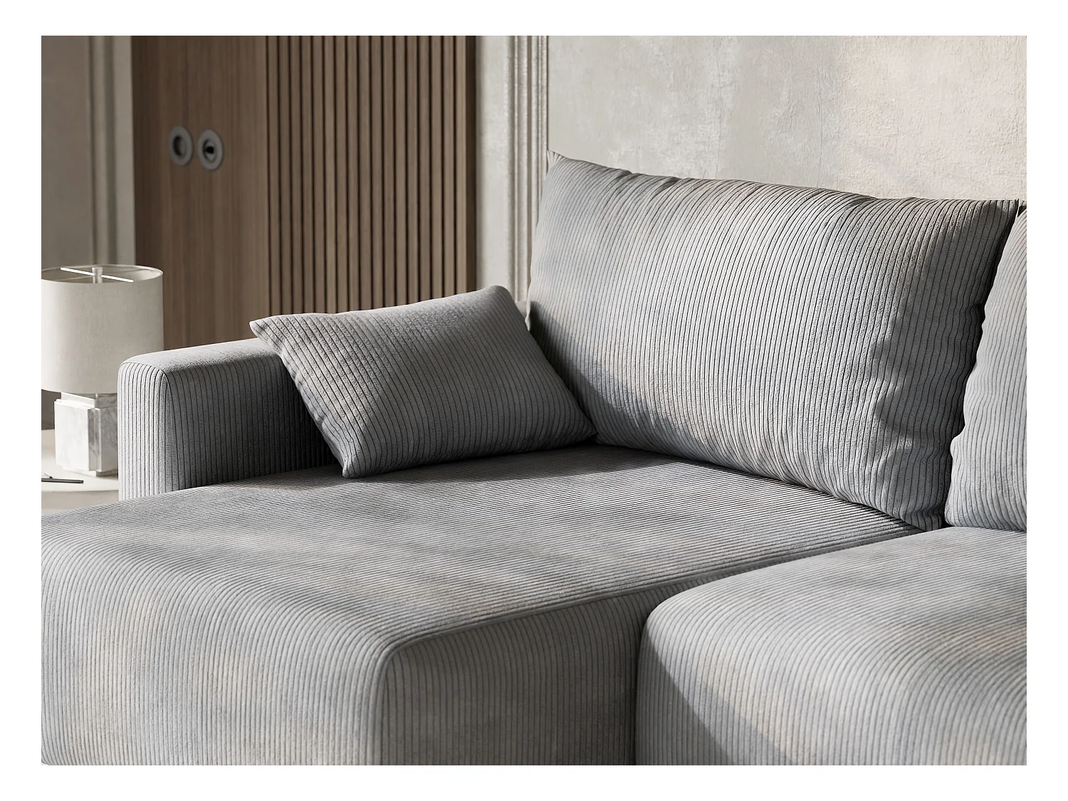 Canapé d'angle gauche avec fonction lit en velours gris clair LEON