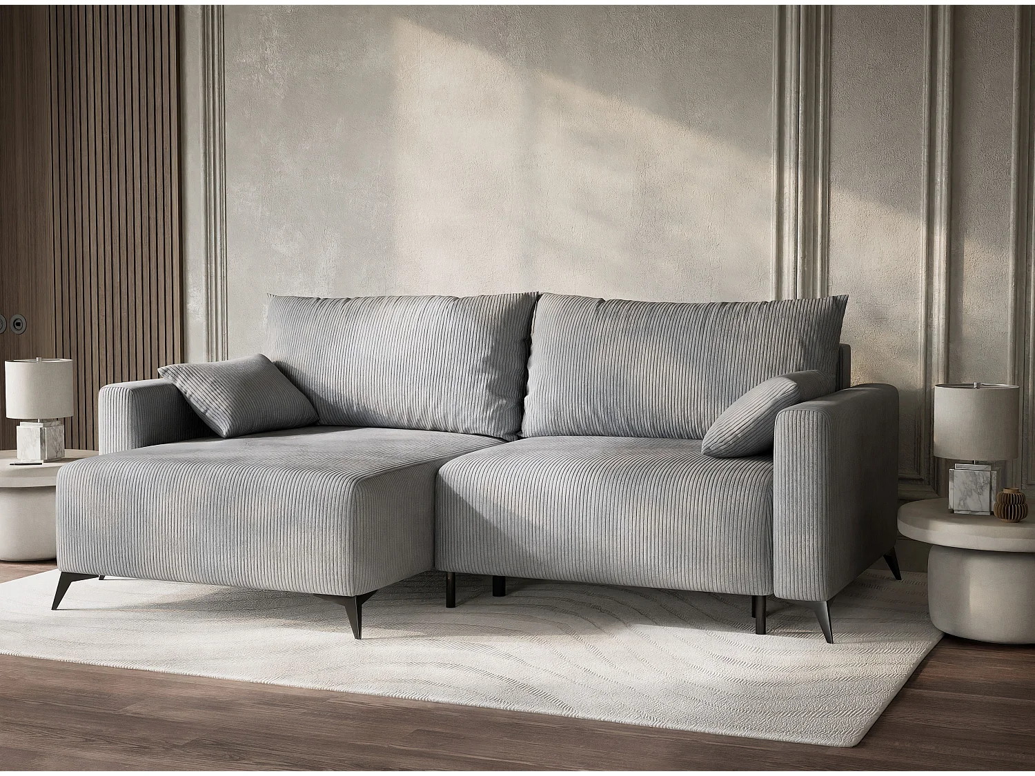 Canapé d'angle gauche avec fonction lit en velours gris clair LEON