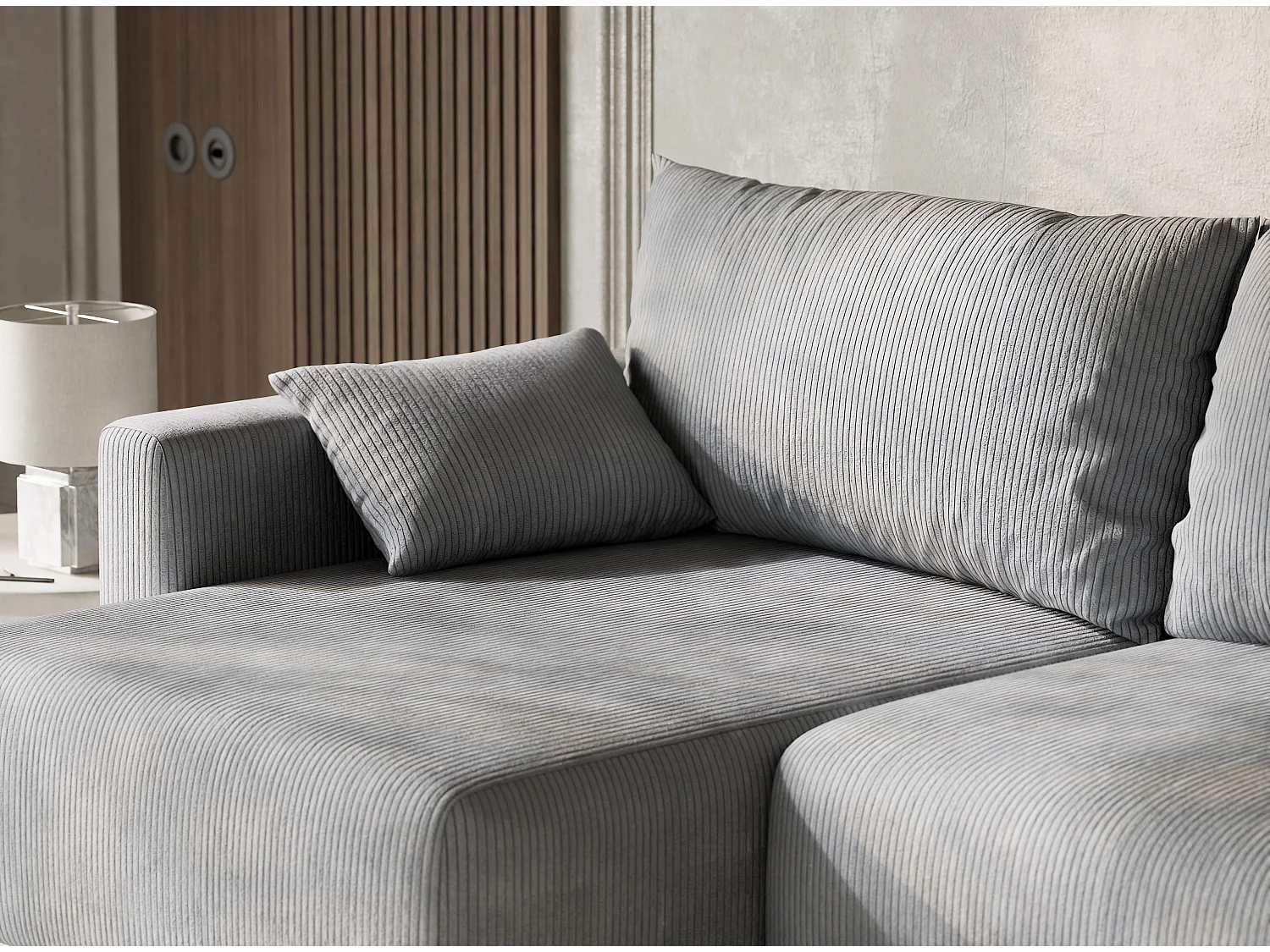 Canapé d'angle gauche avec fonction lit en velours gris clair LEON