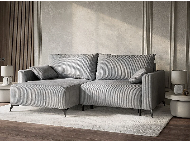 Canapé d'angle gauche avec fonction lit en velours gris clair LEON