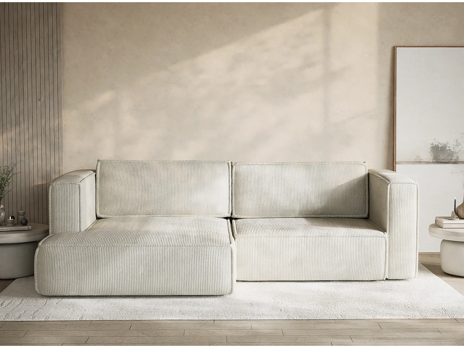 Canapé d'angle gauche avec fonction lit en velours creme VELTO