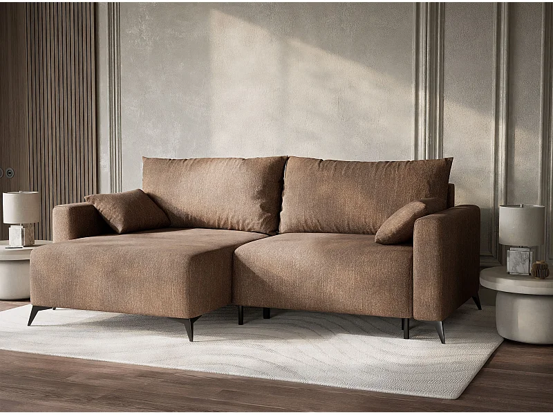 Canapé d'angle gauche avec fonction lit en tissu tressé brun LEON