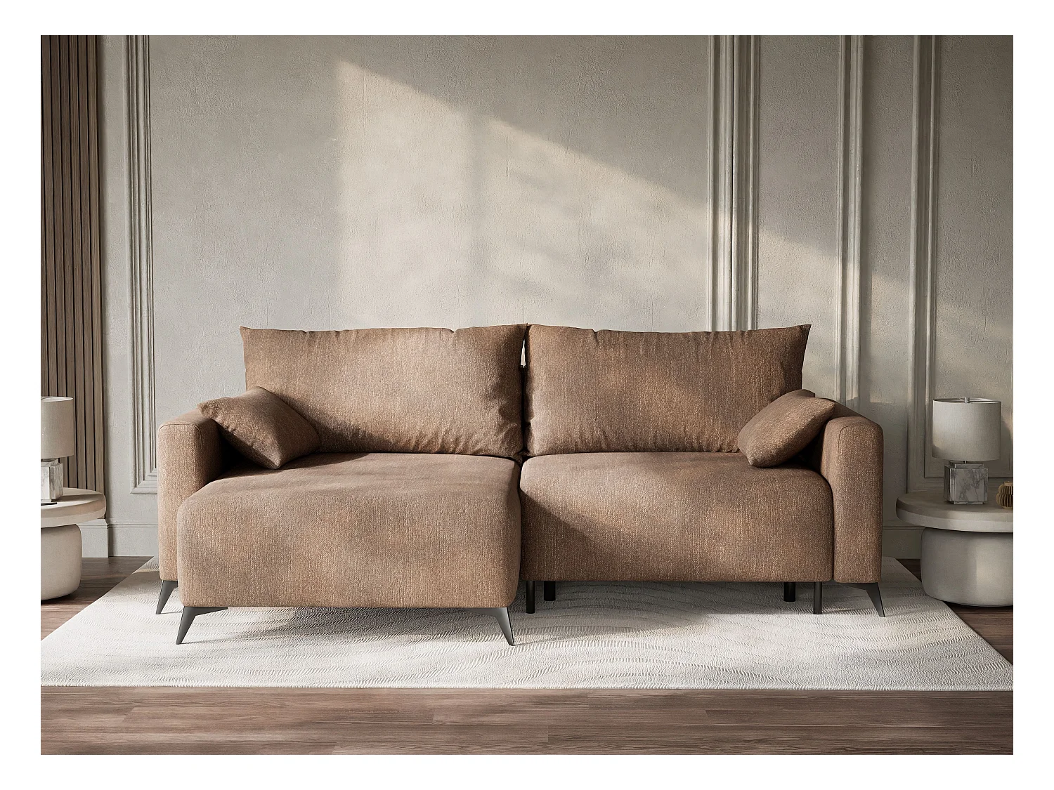 Canapé d'angle gauche avec fonction lit en tissu tressé brun LEON