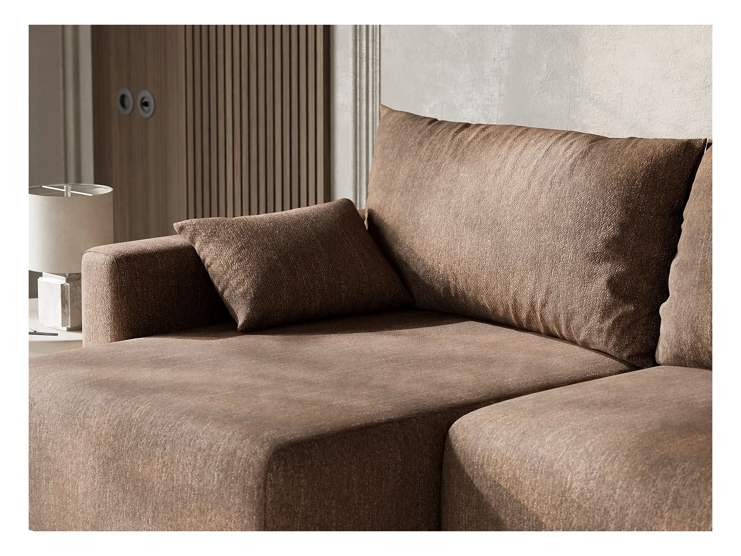 Canapé d'angle gauche avec fonction lit en tissu tressé brun LEON