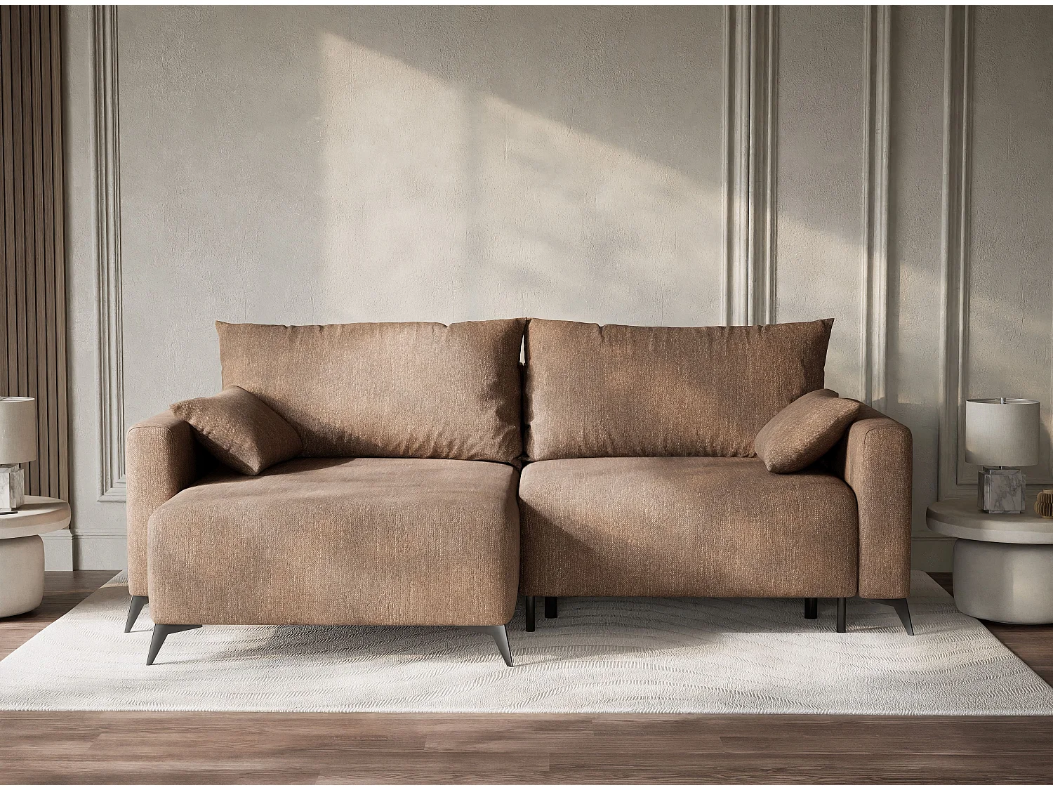 Canapé d'angle gauche avec fonction lit en tissu tressé brun LEON