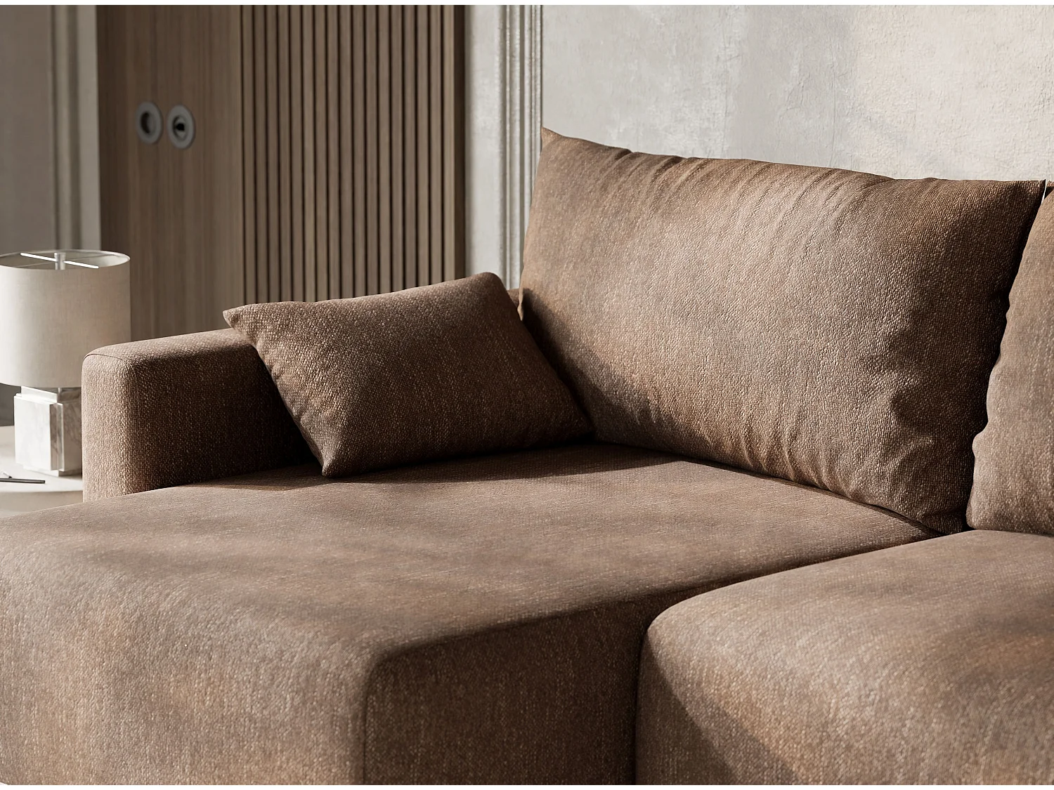 Canapé d'angle gauche avec fonction lit en tissu tressé brun LEON