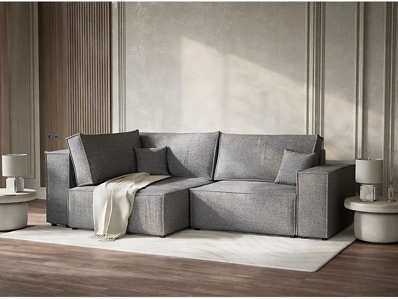 Canapé d'angle gauche avec fonction lit en tissu tressé gris TONGA