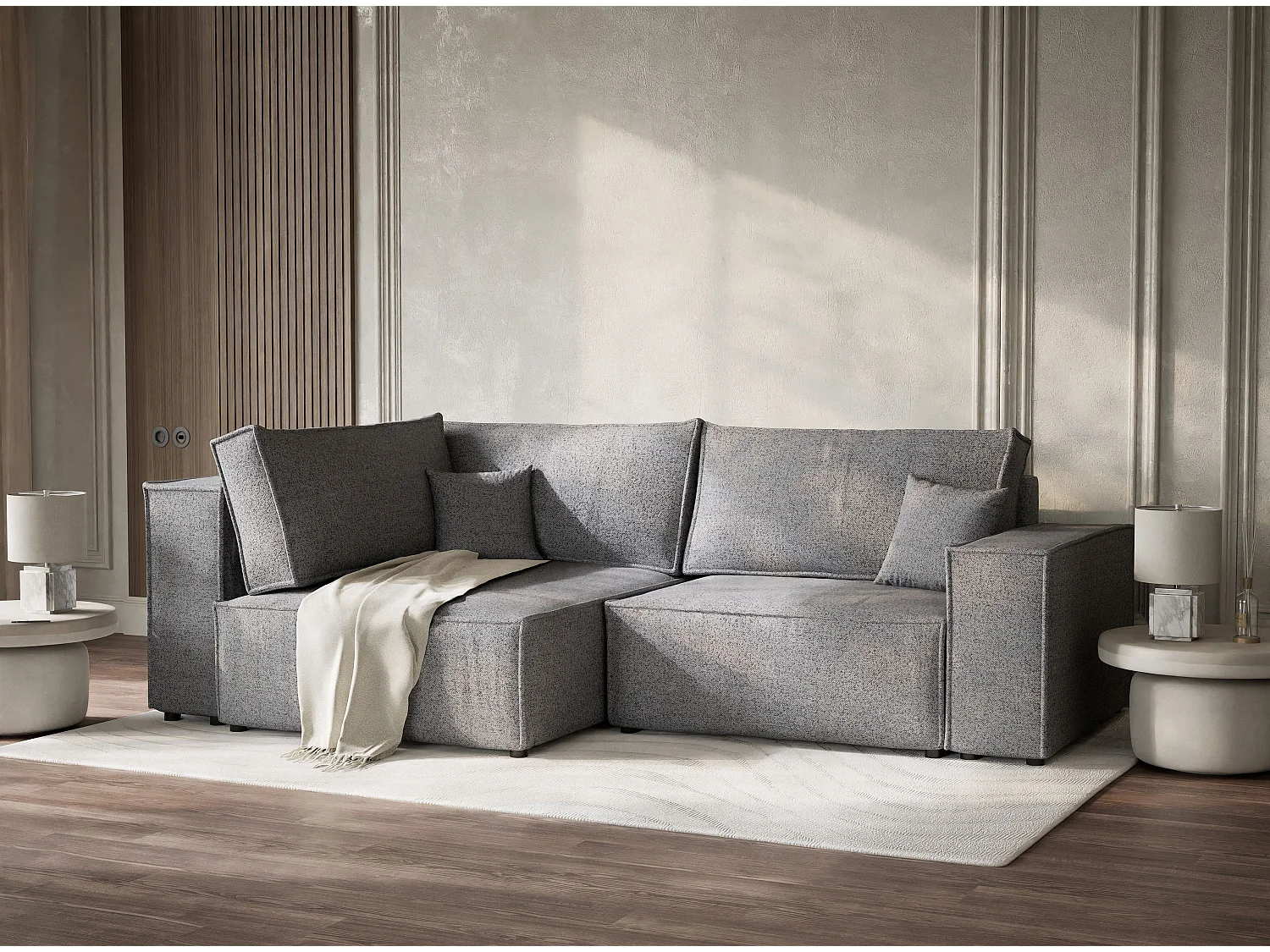 Canapé d'angle gauche avec fonction lit en tissu tressé gris TONGA