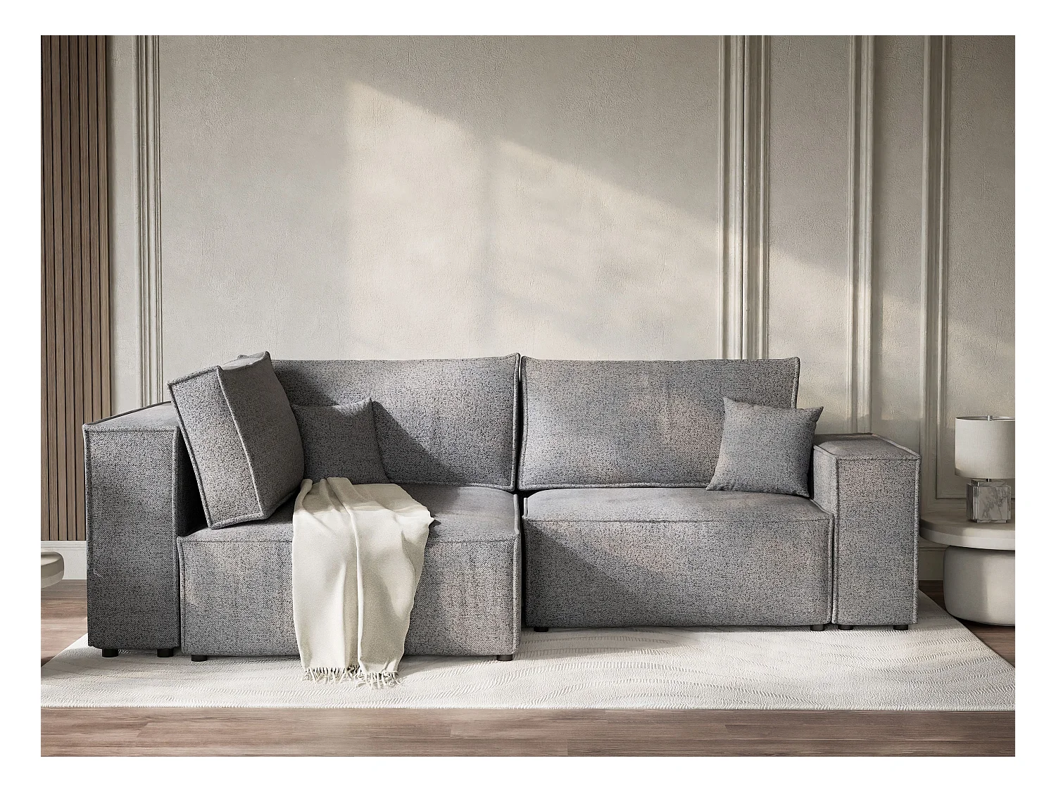 Canapé d'angle gauche avec fonction lit en tissu tressé gris TONGA