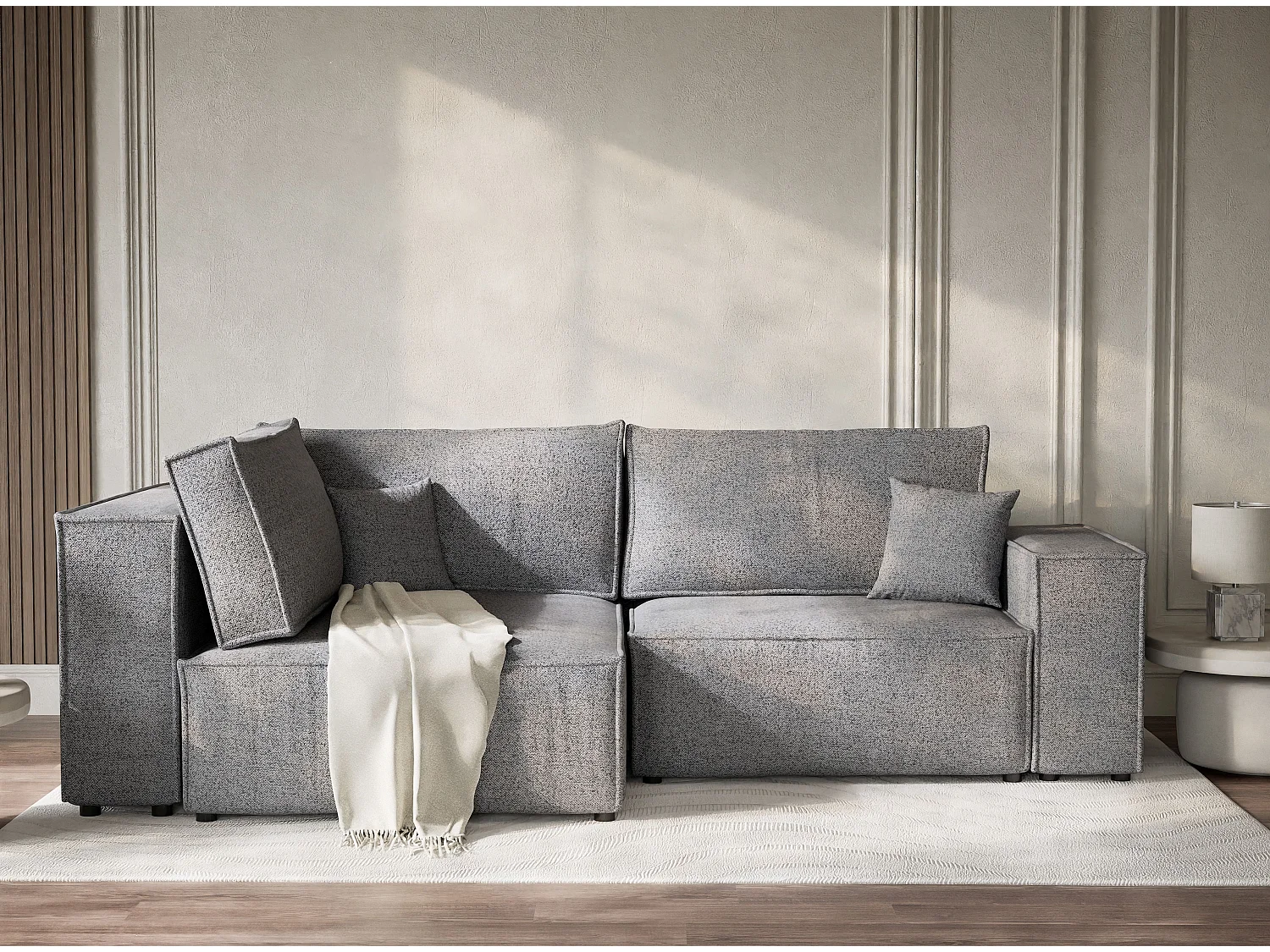 Canapé d'angle gauche avec fonction lit en tissu tressé gris TONGA