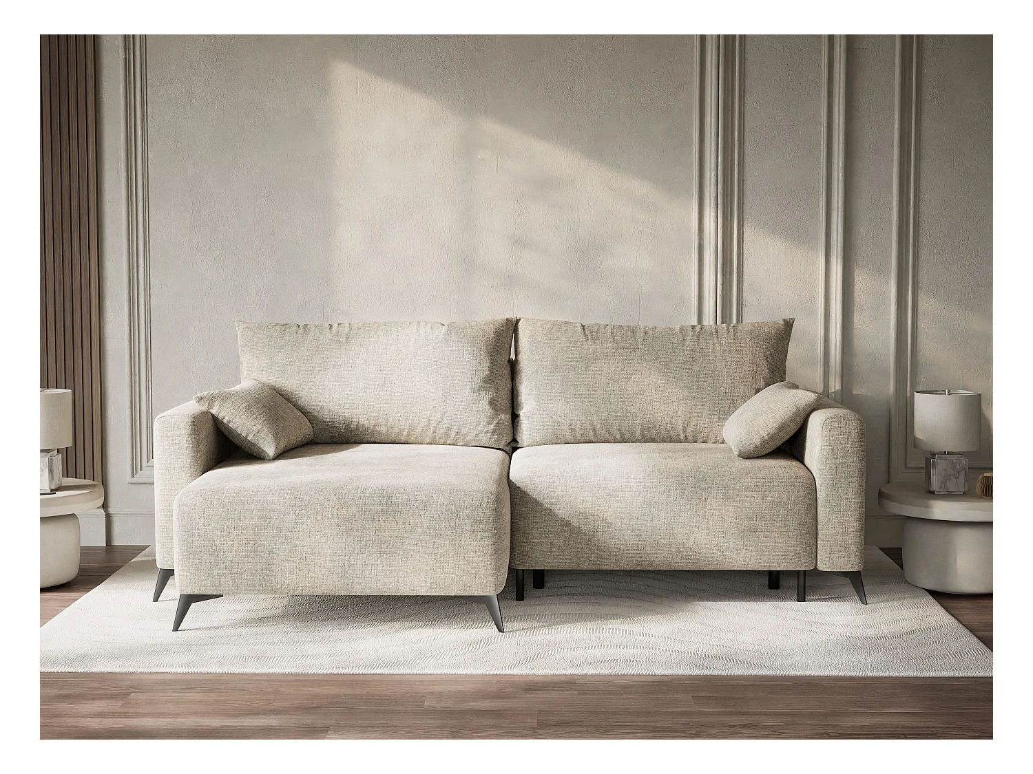 Canapé d'angle gauche avec fonction lit en tissu chenille beige LEON