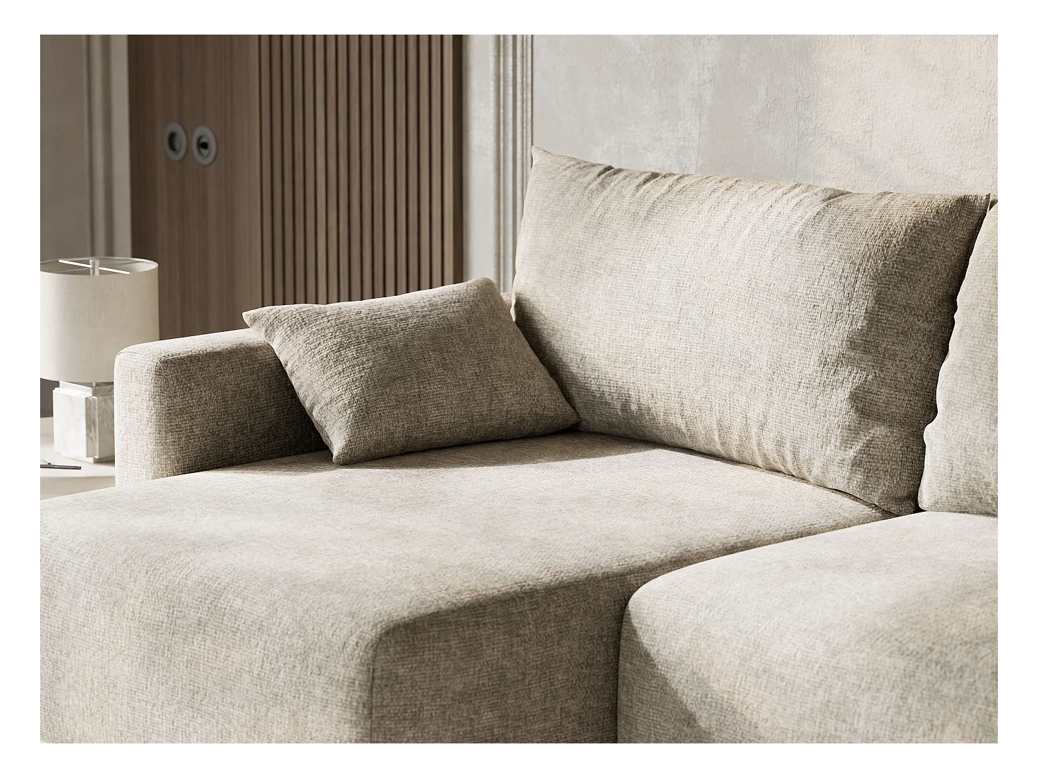 Canapé d'angle gauche avec fonction lit en tissu chenille beige LEON